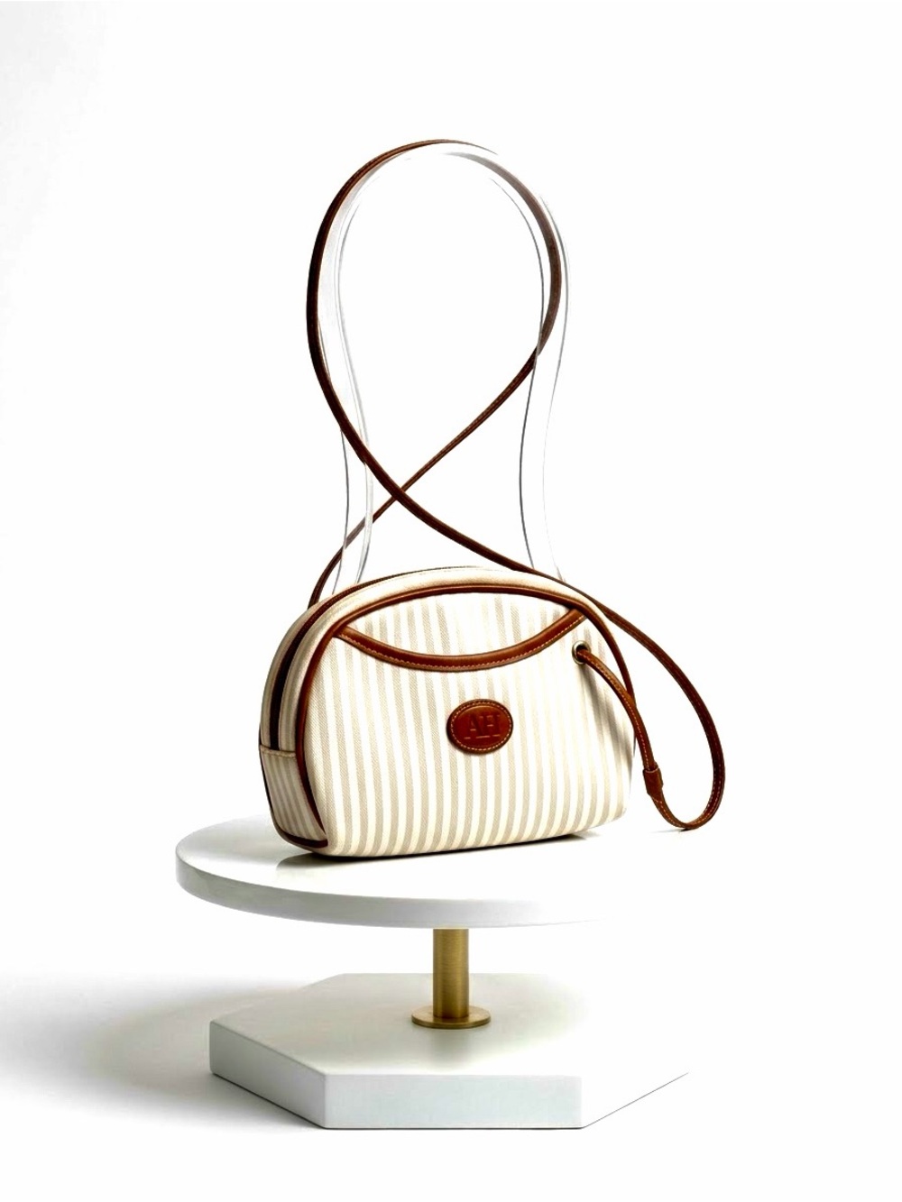 ALLAN EDWARD Vintage 80s Half Moon White & Brown Stripe Crossbody